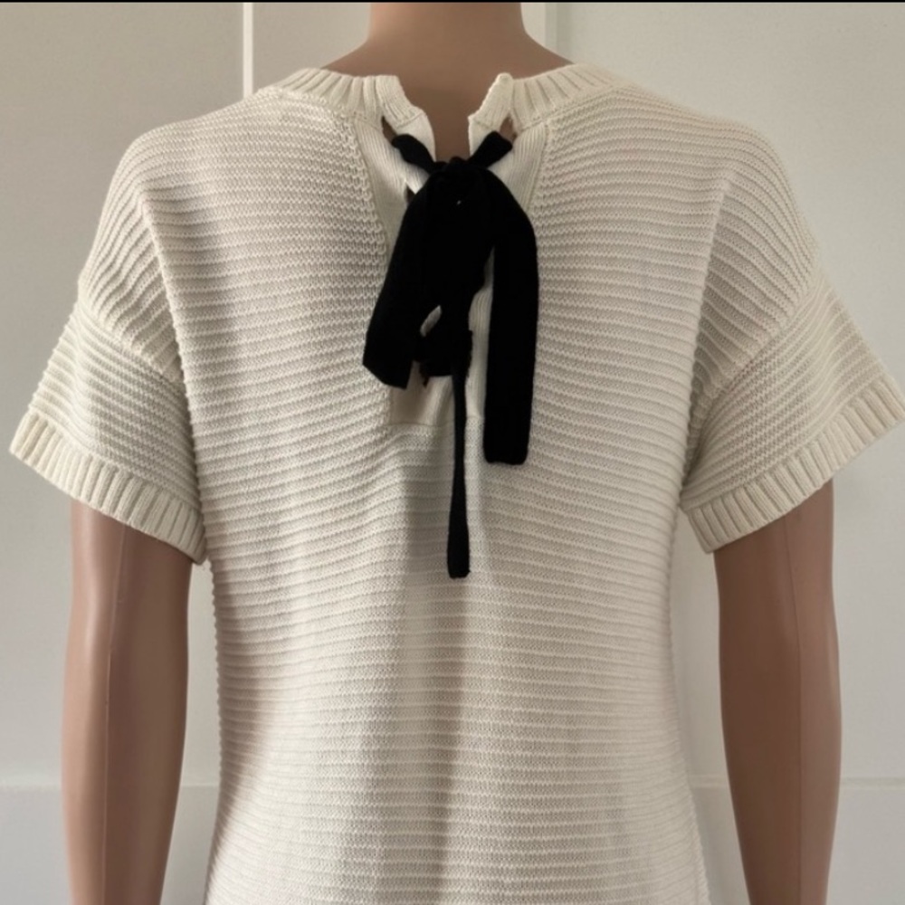 Gap Cream Ribbed Short Sleeves Sweater Tee Top Black Tie Strap XSP XSmall Petite - Picture 2 of 3